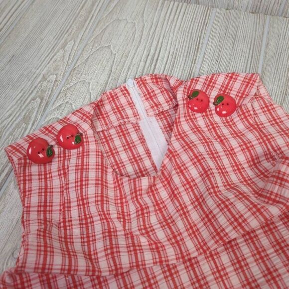 Little Girls Approx Medium Red White Check Sleeveless Dress Apple Embellishments - Picture 8 of 10